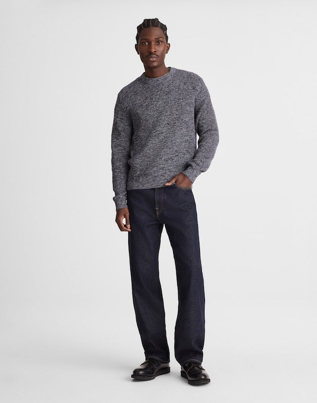 Marled Cotton Shaker-Stitch Crewneck Sweater INK MARL