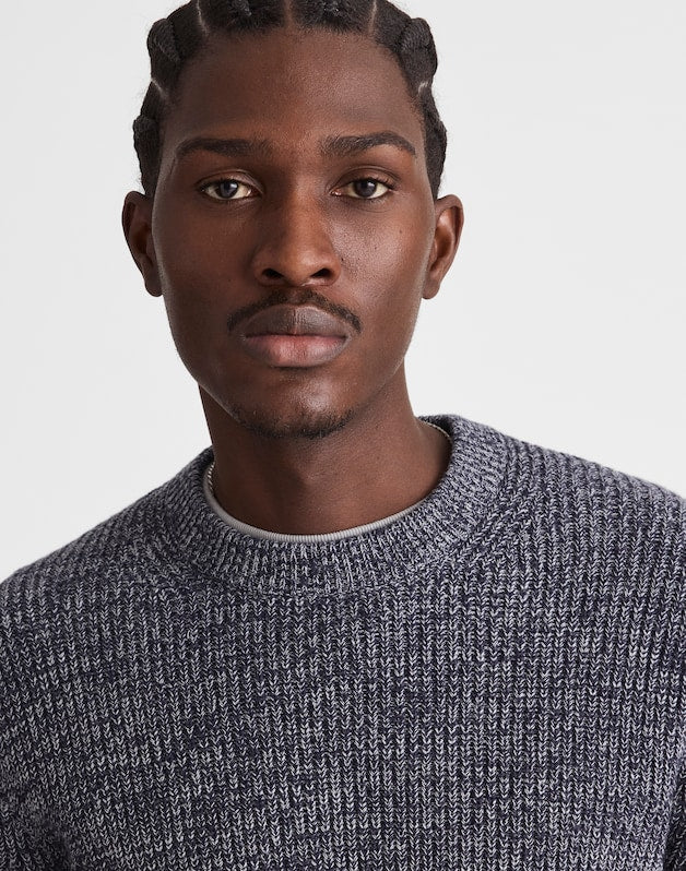 Marled Cotton Shaker-Stitch Crewneck Sweater INK MARL