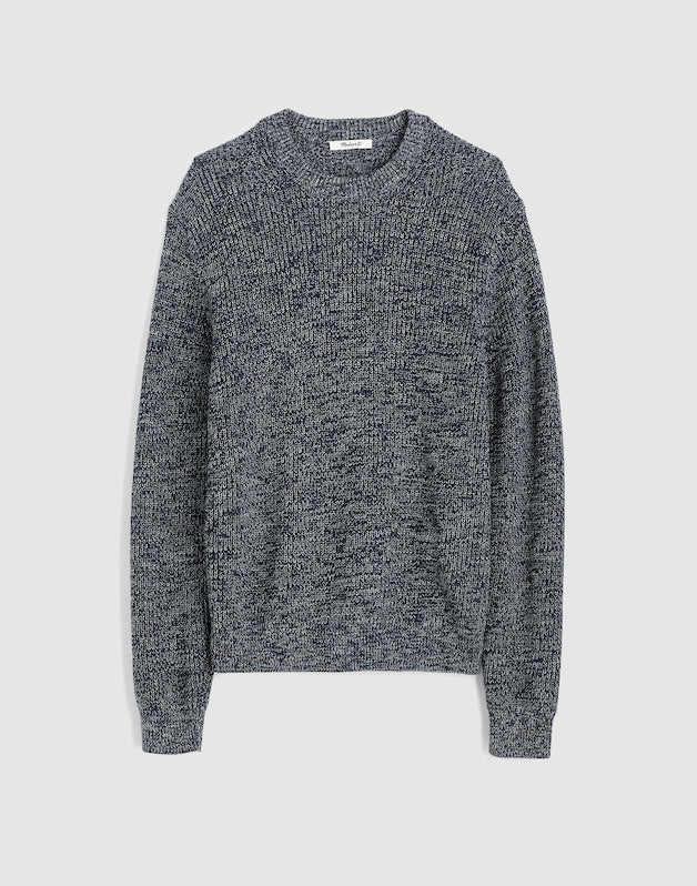 Marled Cotton Shaker-Stitch Crewneck Sweater INK MARL