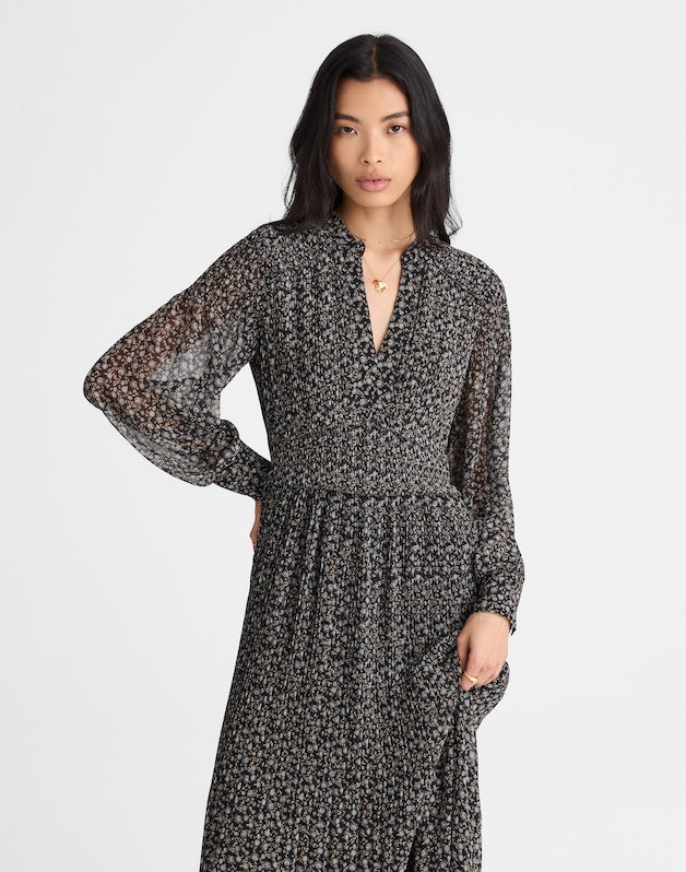 Pleated Puff-Sleeve Maxi Dress in Floral JET BLACK