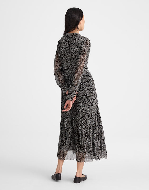 Pleated Puff-Sleeve Maxi Dress in Floral JET BLACK