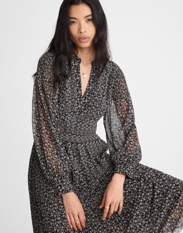 Pleated Puff-Sleeve Maxi Dress in Floral JET BLACK