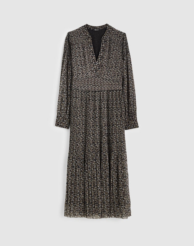 Pleated Puff-Sleeve Maxi Dress in Floral JET BLACK