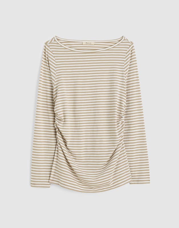 Striped Ruched Crewneck Long-Sleeve Tee in Soft Slub COASTAL DUNE