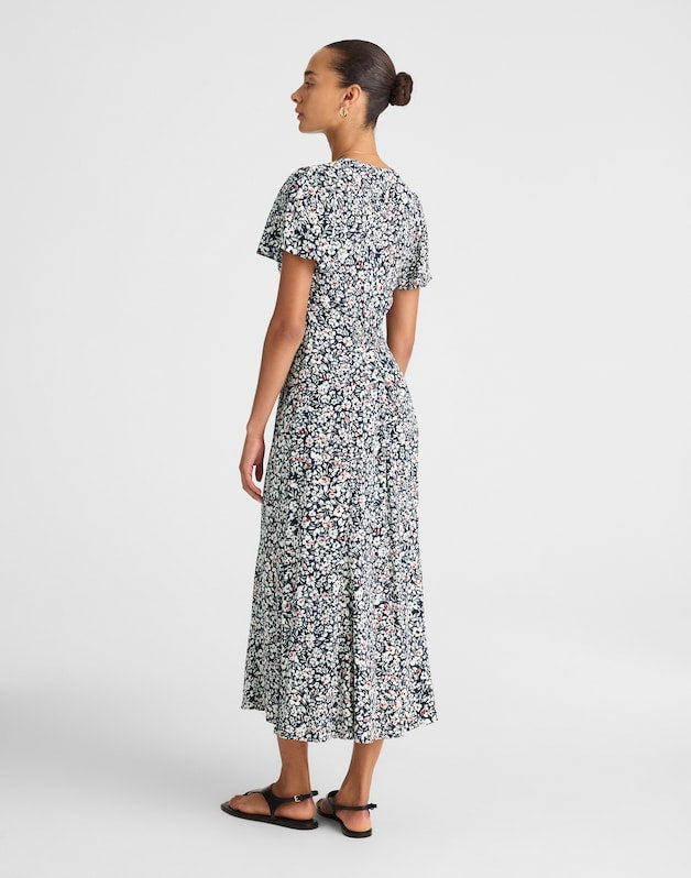 Button-Front Flutter-Sleeve Midi Dress in Floral AMANDA FLORAL NAVY