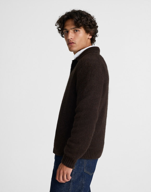Open-Collar Sweater Polo in Yak-Alpaca Blend DARK BROWN