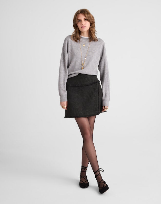 Fringed Overlay Mini Skirt BLACK TWEED BLEND