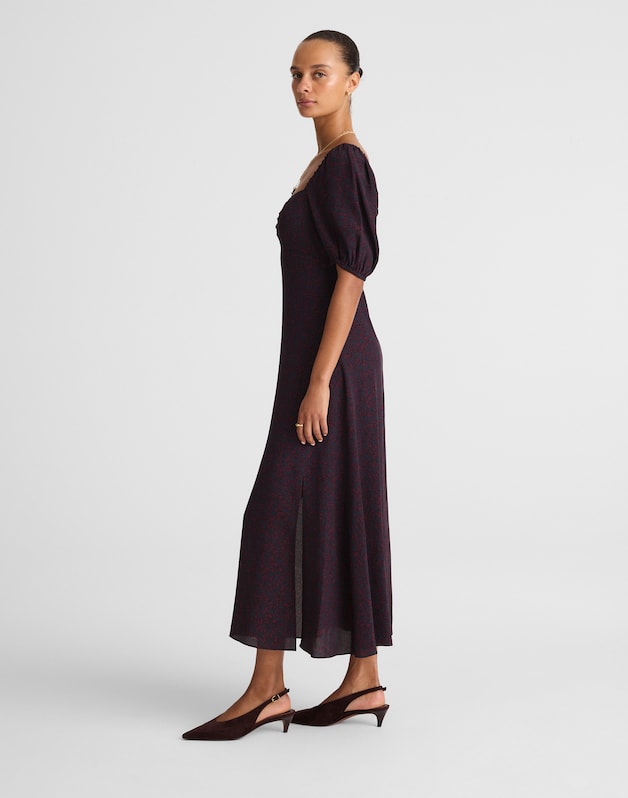Puff-Sleeve Sweetheart Midi Dress ABSTRACT LEAF NAVY AND BURG