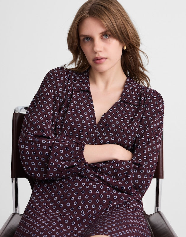 Puff-Sleeve Mini Wrap Shirtdress BURG FOULARD