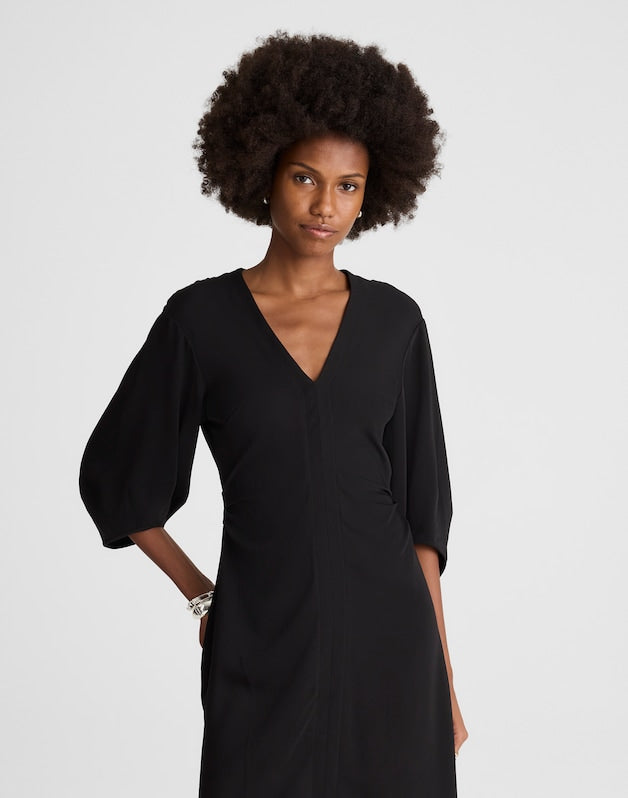 V-Neck Ruched Midi Dress JET BLACK