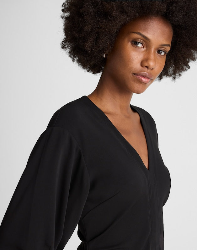 V-Neck Ruched Midi Dress JET BLACK