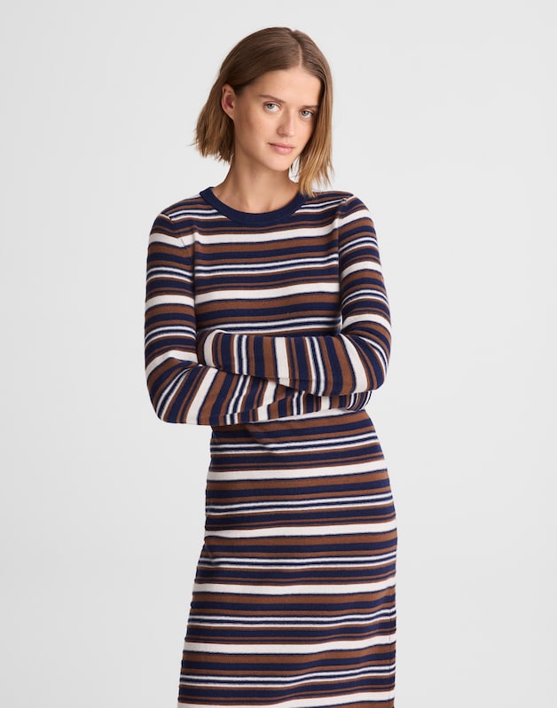 Crewneck Sweater Maxi Dress in Merino Wool NAVY MULTI STRIPE