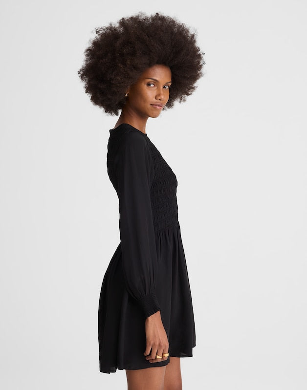 Long-Sleeve Smocked Mini Dress JET BLACK