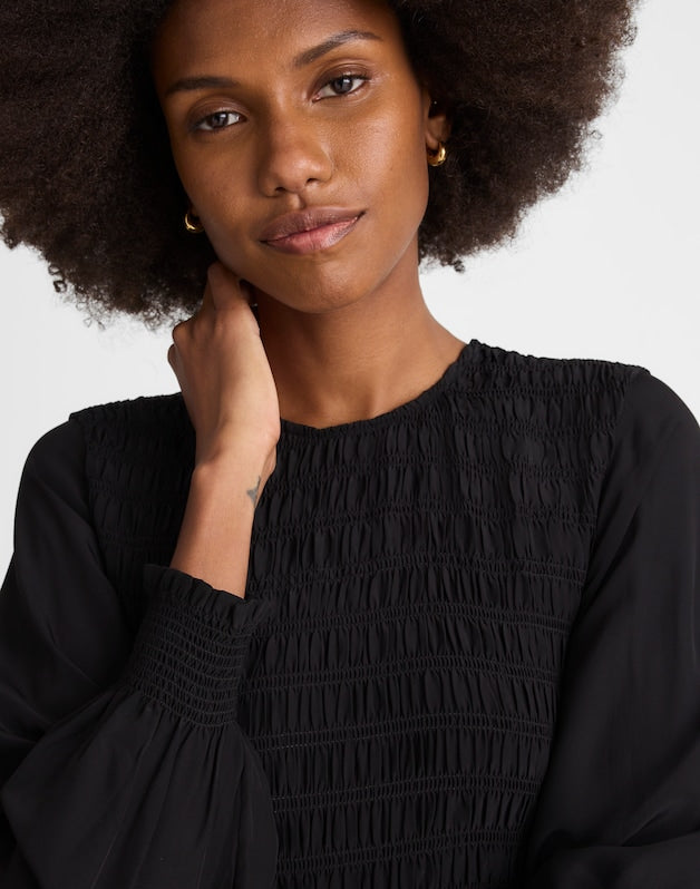 Long-Sleeve Smocked Mini Dress JET BLACK