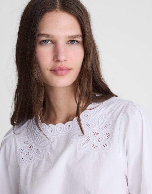 Embroidered Puff-Sleeve Top in Poplin WHITE