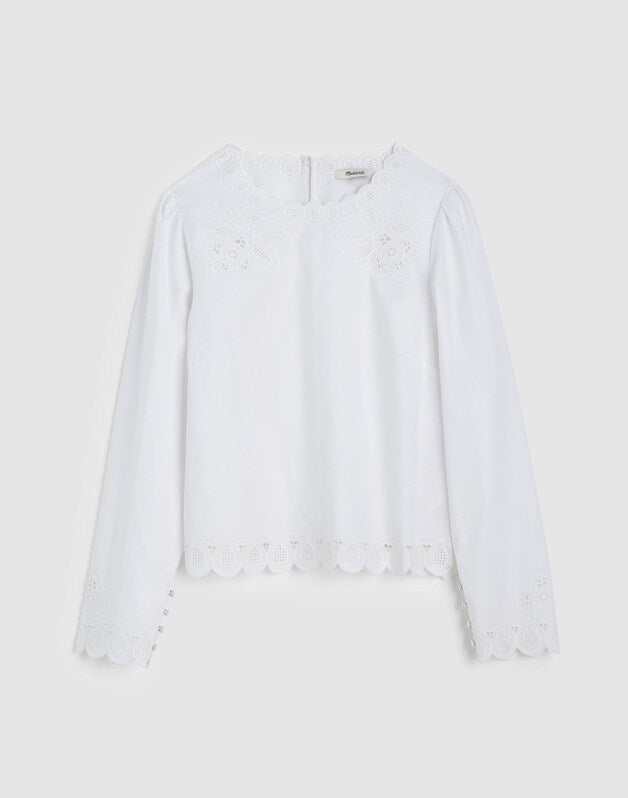 Embroidered Puff-Sleeve Top in Poplin WHITE