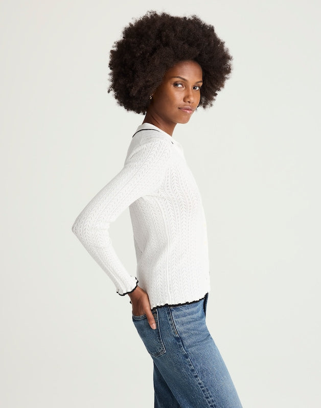 Ruffle-Trim Pointelle Cardigan SOFT WHITE WITH BLACK