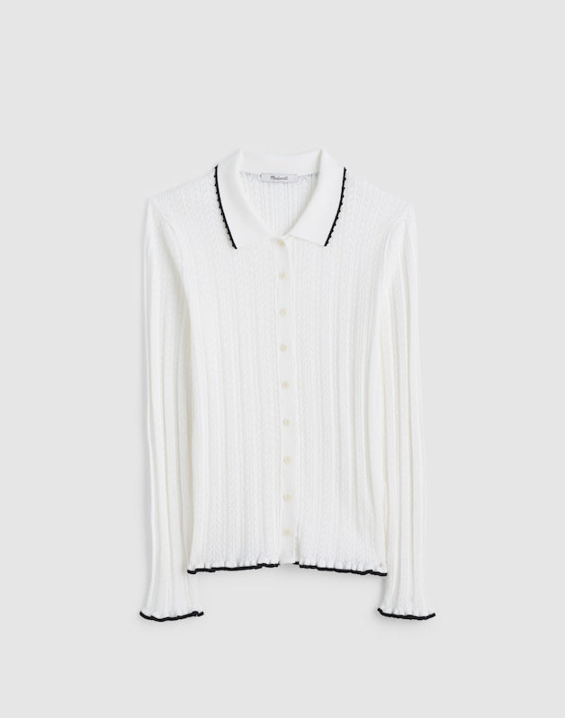 Ruffle-Trim Pointelle Cardigan SOFT WHITE WITH BLACK