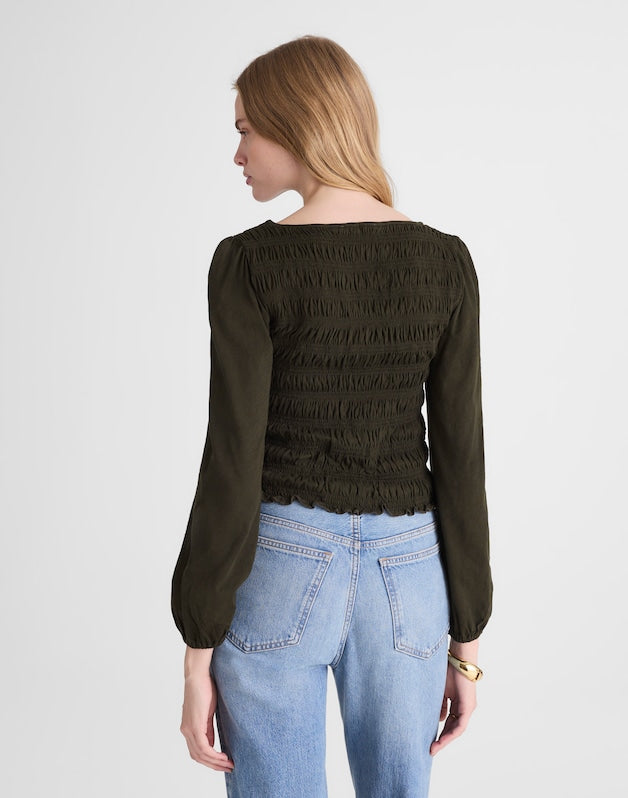 Smocked Boatneck Top MIDNIGHT OLIVE
