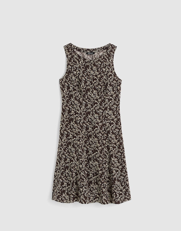 Button-Front Boatneck Mini Dress in Floral BRIDGETTE SPOTS  BROWN