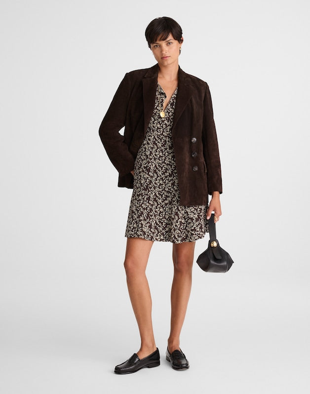Button-Front Boatneck Mini Dress in Floral BRIDGETTE SPOTS  BROWN