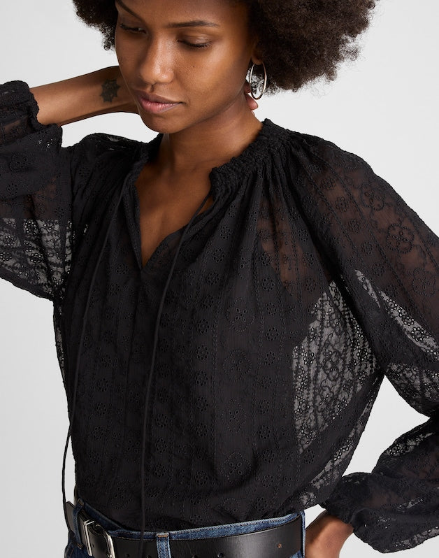 Embroidered Tie-Neck Long-Sleeve Top JET BLACK