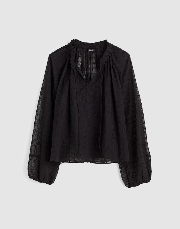 Embroidered Tie-Neck Long-Sleeve Top JET BLACK