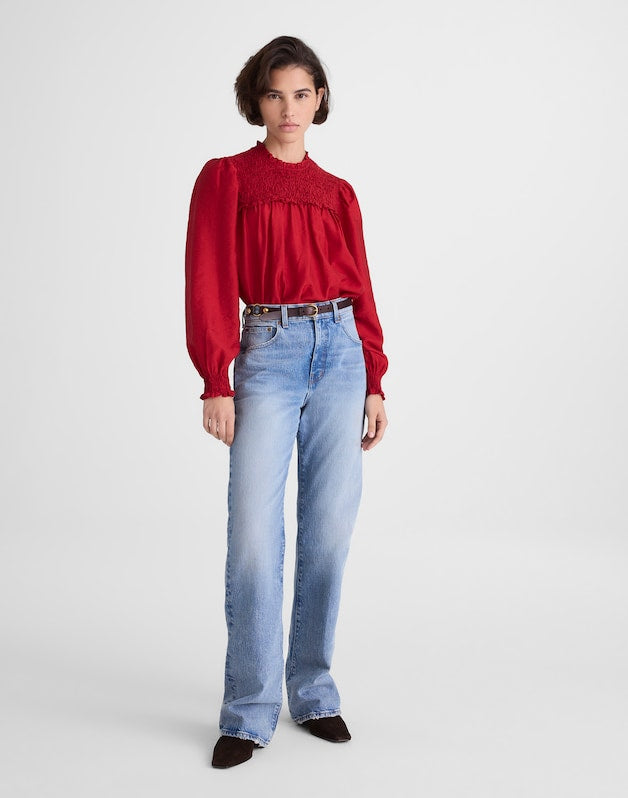 Smocked High-Neck Long-Sleeve Top CRIMSON