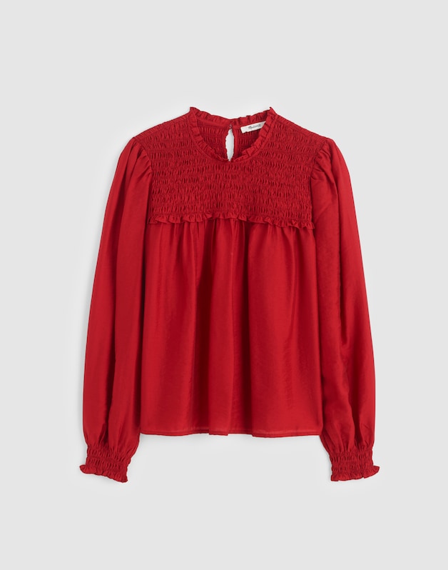 Smocked High-Neck Long-Sleeve Top CRIMSON