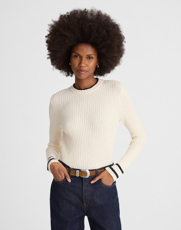 Boucl&eacute;-Knit Crewneck Sweater CREAM AND NAVY COMBO