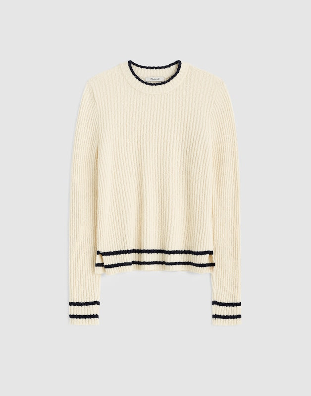 Boucl&eacute;-Knit Crewneck Sweater CREAM AND NAVY COMBO