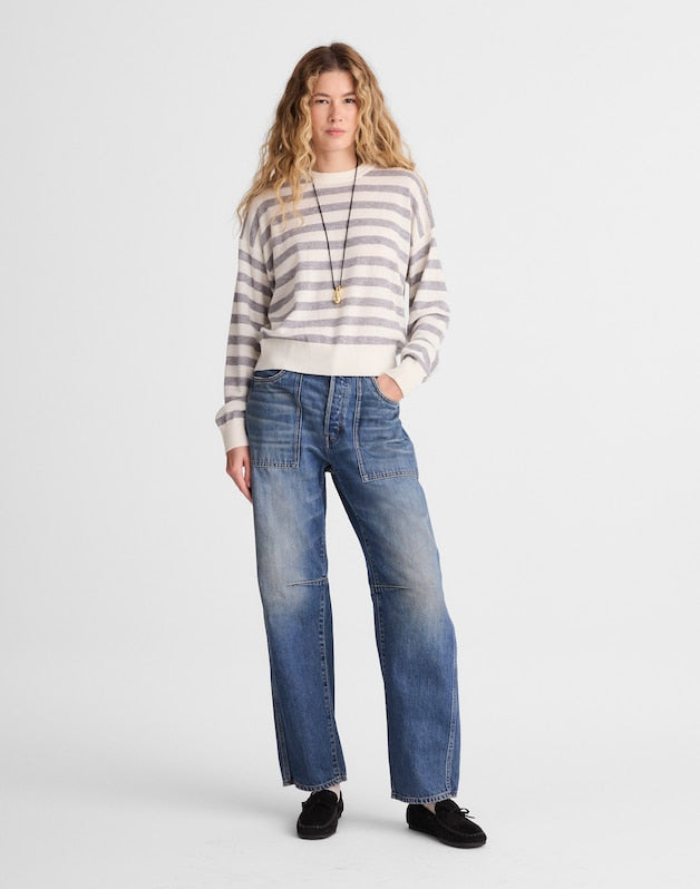 Rib-Stitch Crewneck Sweater in Cashmere IVORY AND HTHR GREY STRIPE