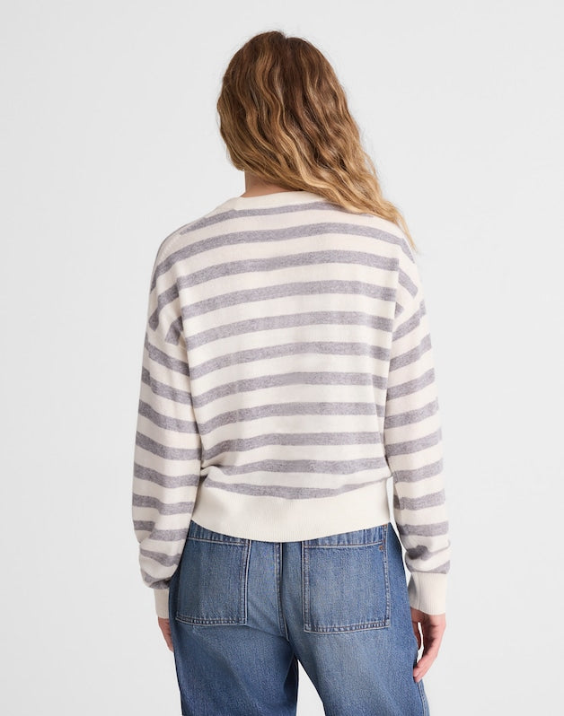 Rib-Stitch Crewneck Sweater in Cashmere IVORY AND HTHR GREY STRIPE