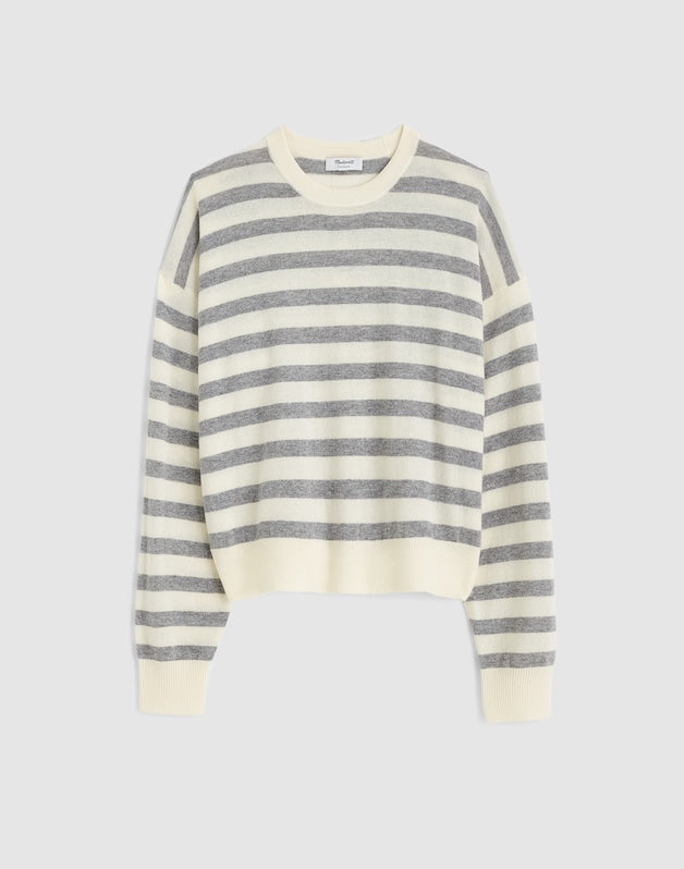 Rib-Stitch Crewneck Sweater in Cashmere IVORY AND HTHR GREY STRIPE