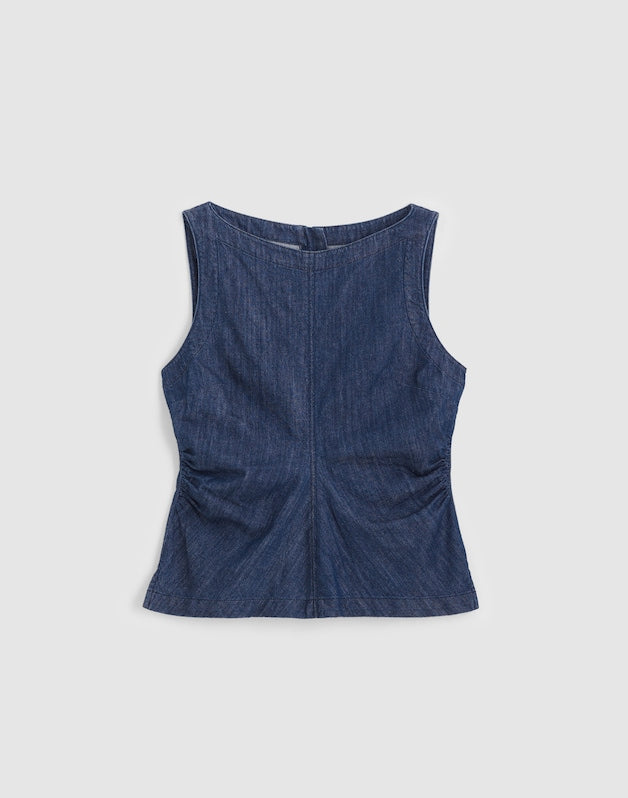 Denim Ruched Boatneck Shell Top LIGHT RINSE