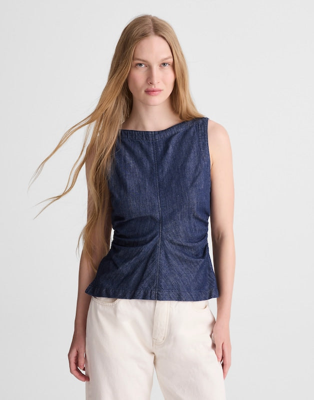 Denim Ruched Boatneck Shell Top LIGHT RINSE