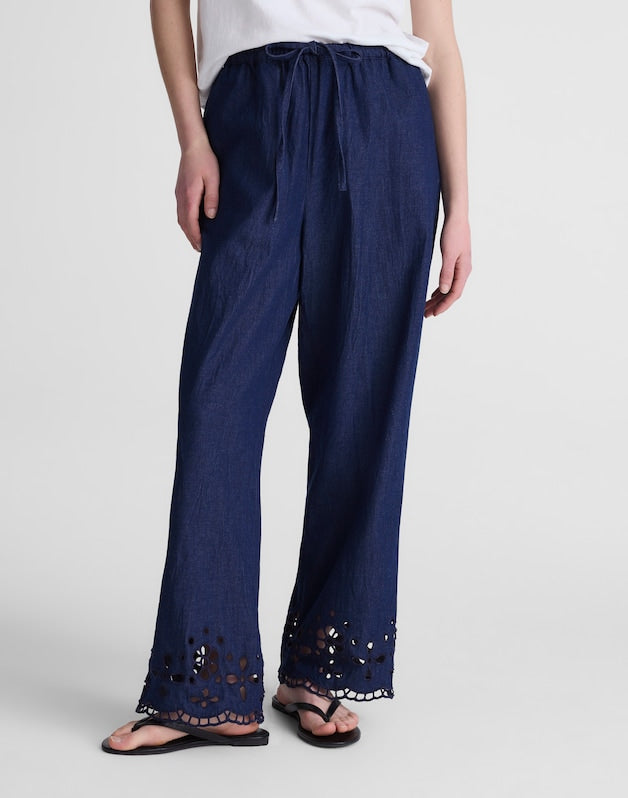 Denim Embroidered-Hem Pull-On Pants MARFIELD WASH