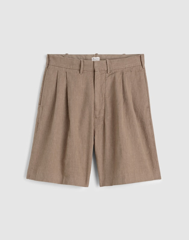 Double-Pleated Shorts in Herringbone Linen-Cotton Blend LIGHT MAUVE