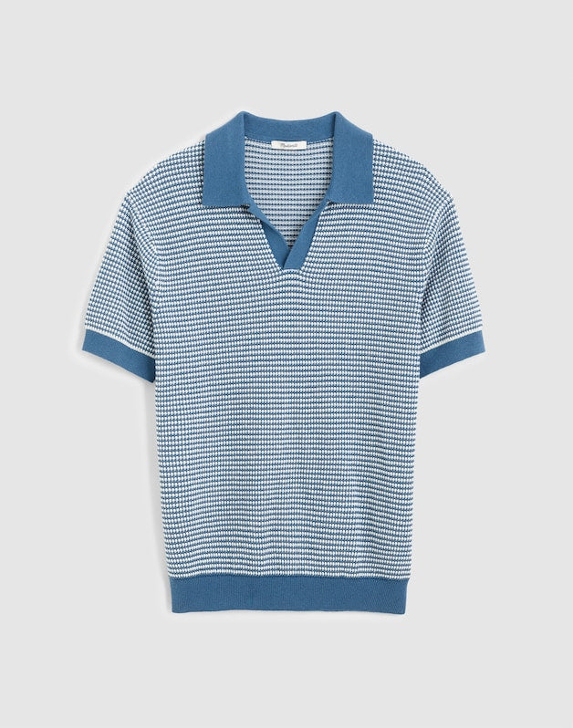 Textured-Stitch Johnny-Collar Sweater Polo STEEL BLUE