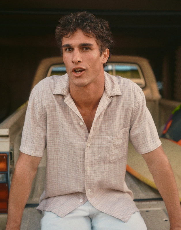Short-Sleeve Camp Shirt in Crinkled Cotton Blend STRIPE TEXTURE PLAID