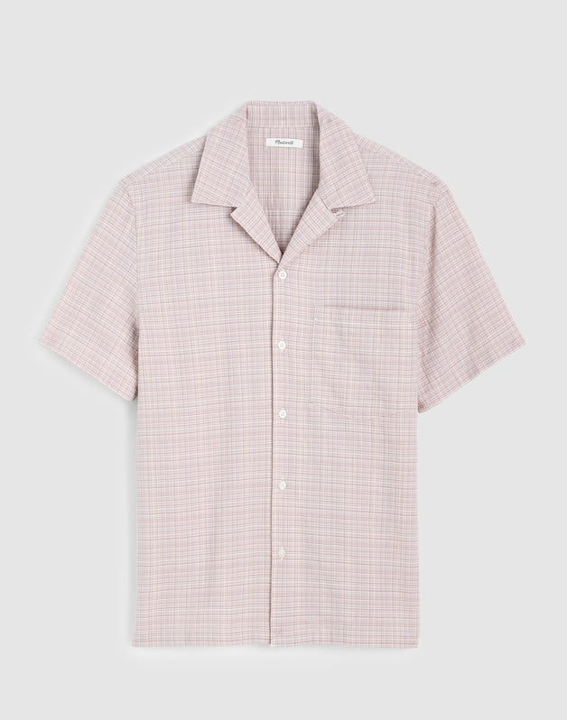 Short-Sleeve Camp Shirt in Crinkled Cotton Blend STRIPE TEXTURE PLAID