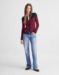 Striped Boucl&eacute;-Knit Cardigan NAVY AND RED STRIPE