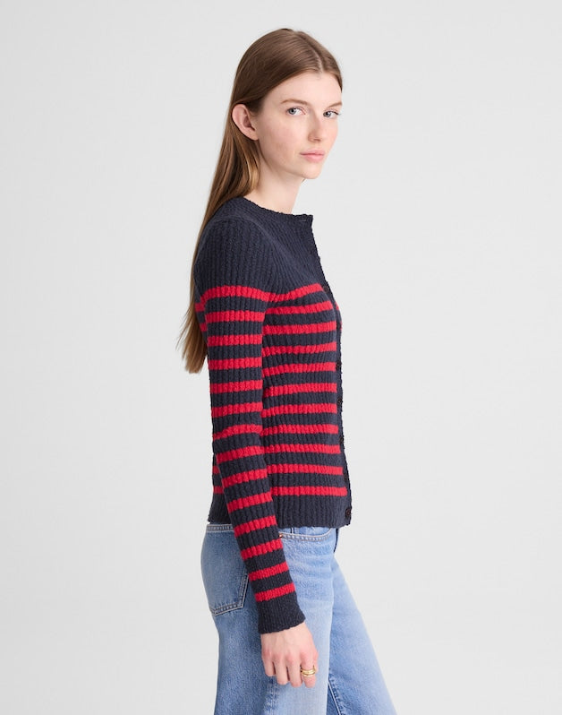Striped Boucl&eacute;-Knit Cardigan NAVY AND RED STRIPE