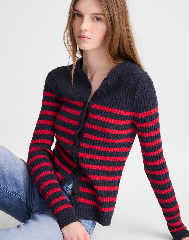 Striped Boucl&eacute;-Knit Cardigan NAVY AND RED STRIPE