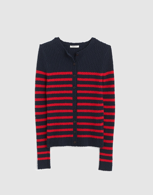 Striped Boucl&eacute;-Knit Cardigan NAVY AND RED STRIPE