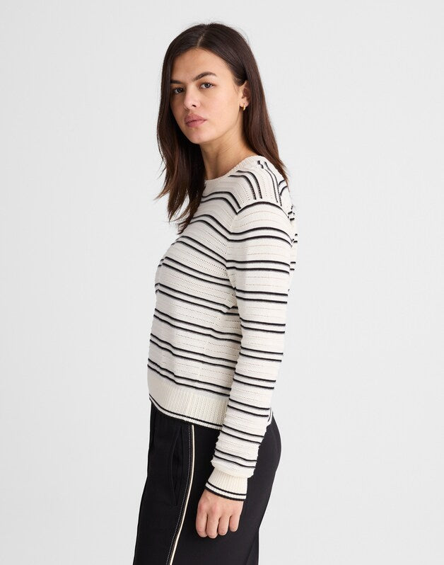 Striped Textured-Stitch Crewneck Sweater in 100% Cotton IVORY AND BLACK DOUBLE