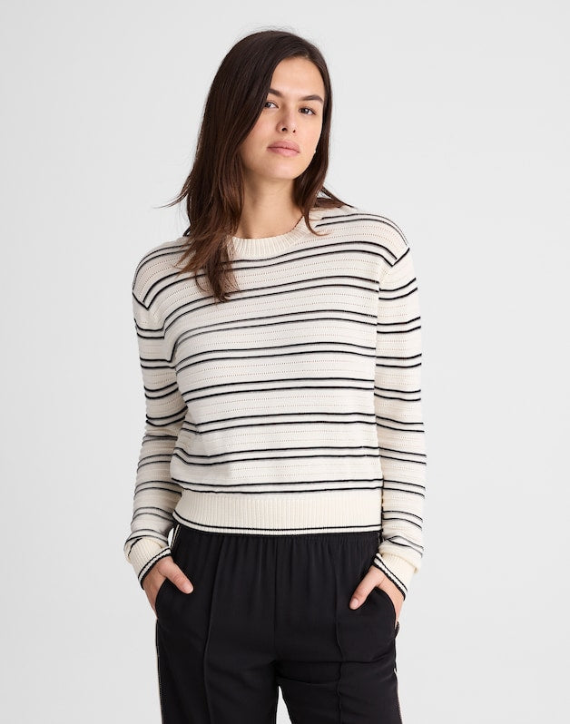 Striped Textured-Stitch Crewneck Sweater in 100% Cotton IVORY AND BLACK DOUBLE