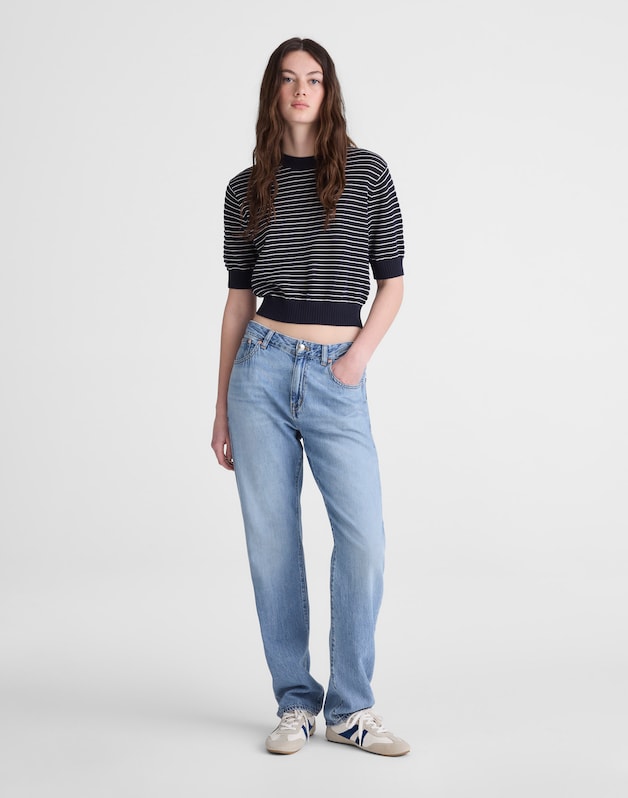 Textural-Stitch Crewneck Sweater in 100% Cotton NAVY AND IVORY MINI STRIPE