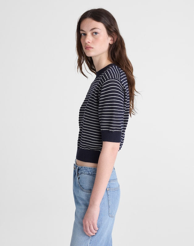 Textural-Stitch Crewneck Sweater in 100% Cotton NAVY AND IVORY MINI STRIPE