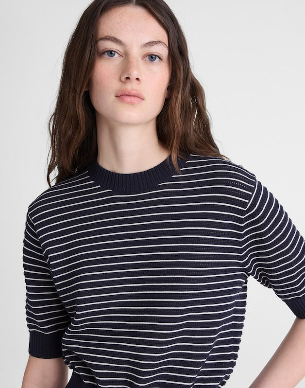 Textural-Stitch Crewneck Sweater in 100% Cotton NAVY AND IVORY MINI STRIPE